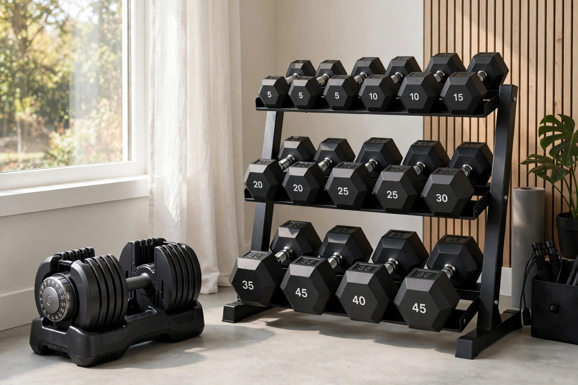 Adjustable dumbbells next to fixed dumbbell rack
