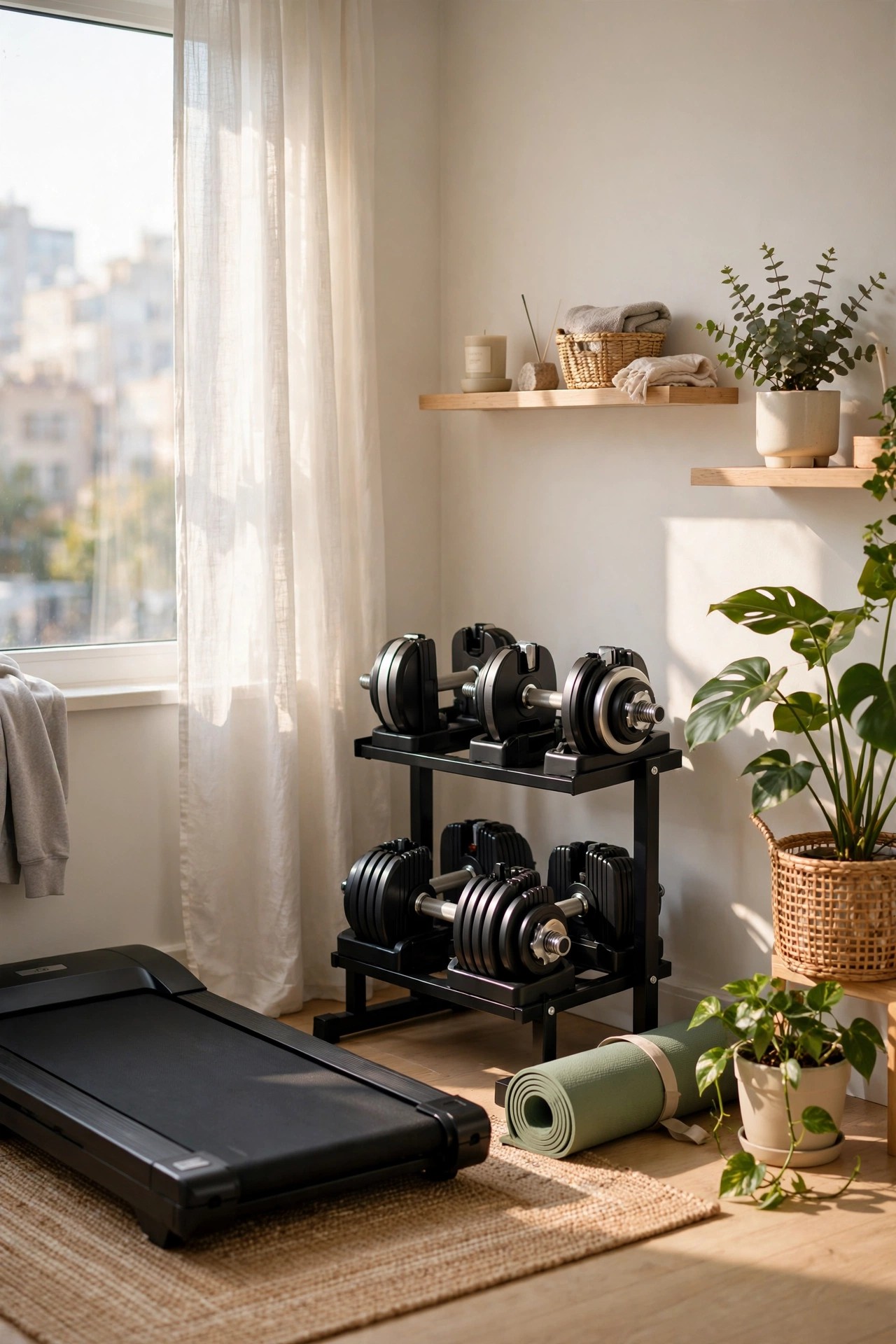 A compact, well-organized home gym corner with a walking pad and adjustable dumbbells