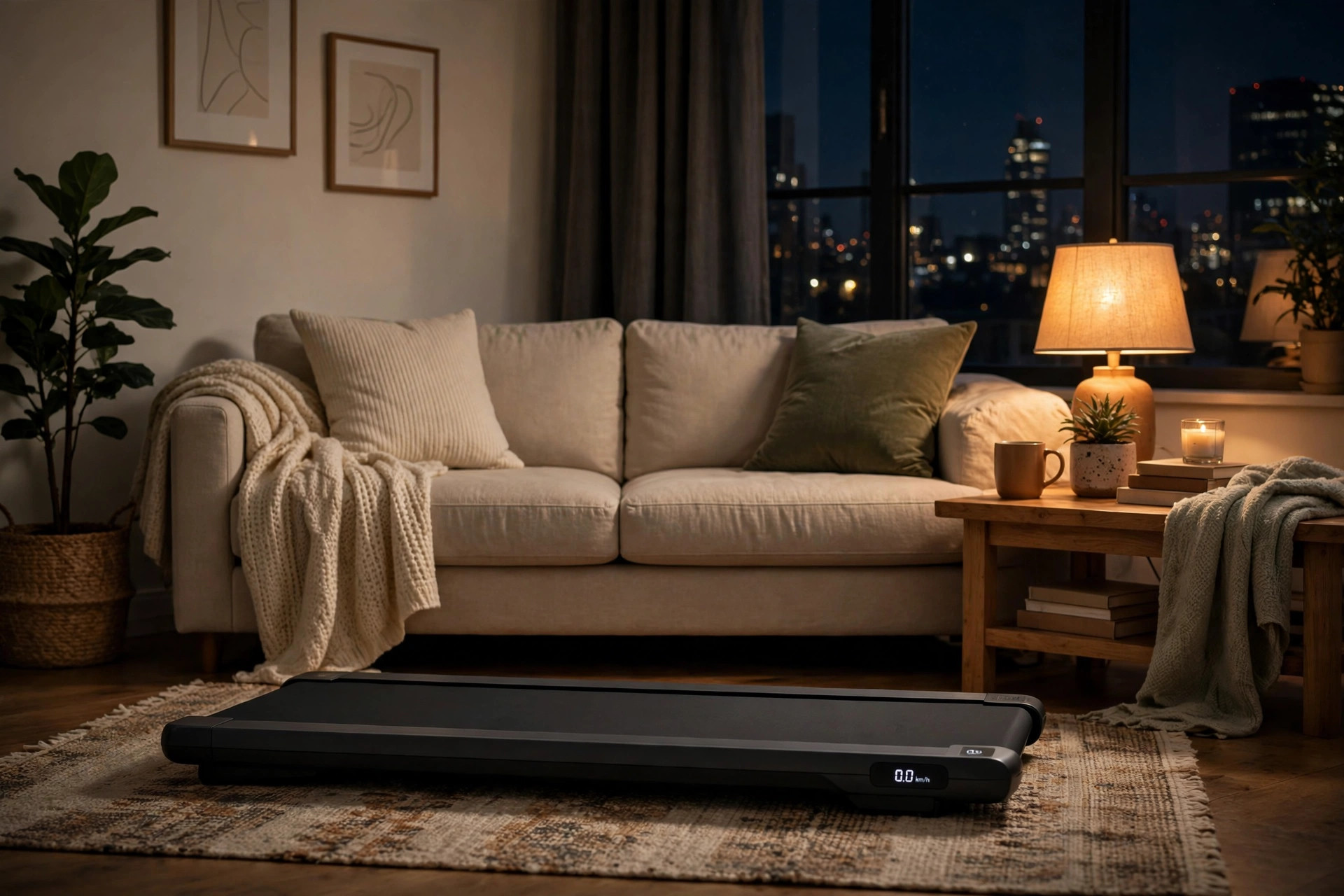 Walking pad in a quiet apartment at night