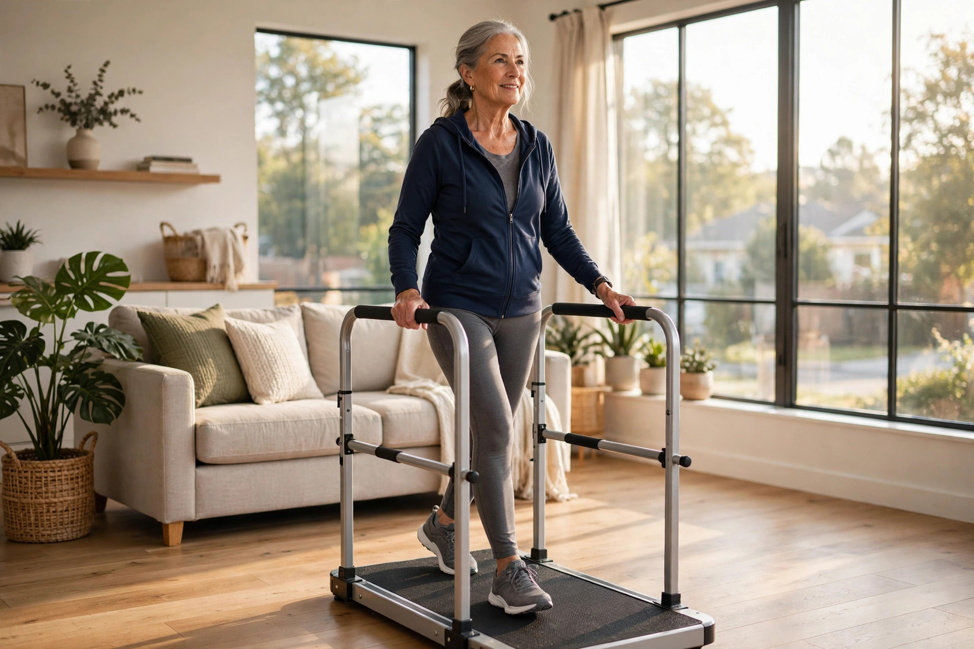 Senior woman walking on a walking pad with safety rails in a bright living room